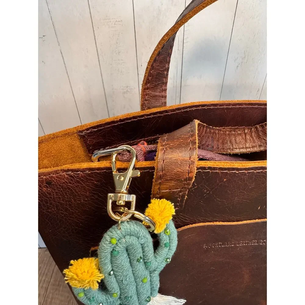 Beaded Cactus Macrame Keychain Purse Charm Boho Green Keychain Yellow Pom Charm